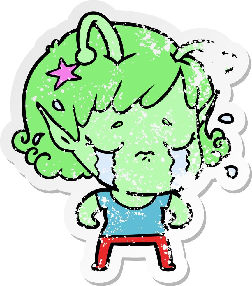 distressed sticker of a cartoon crying alien girl vector