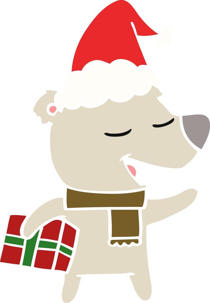 flat color illustration of a bear with present wearing santa hat vector