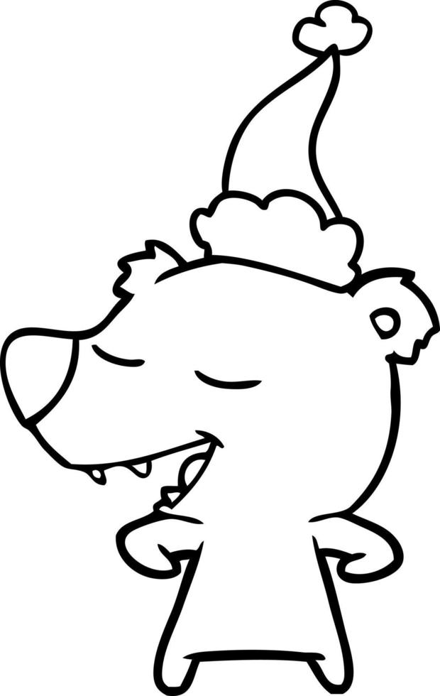 line drawing of a bear wearing santa hat vector