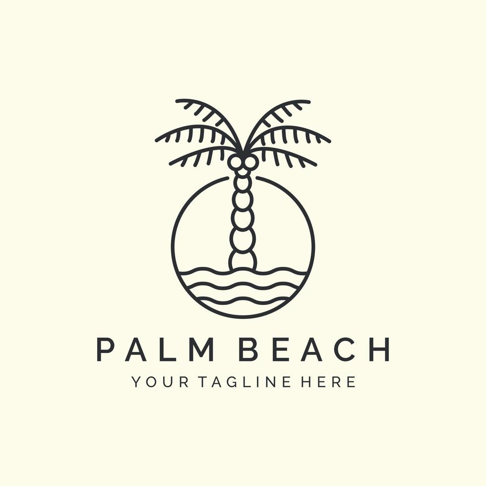 palm beach con emblema y diseño de plantilla de icono de logotipo de estilo de arte de línea. árbol de coco, ilustración vectorial de onda vector