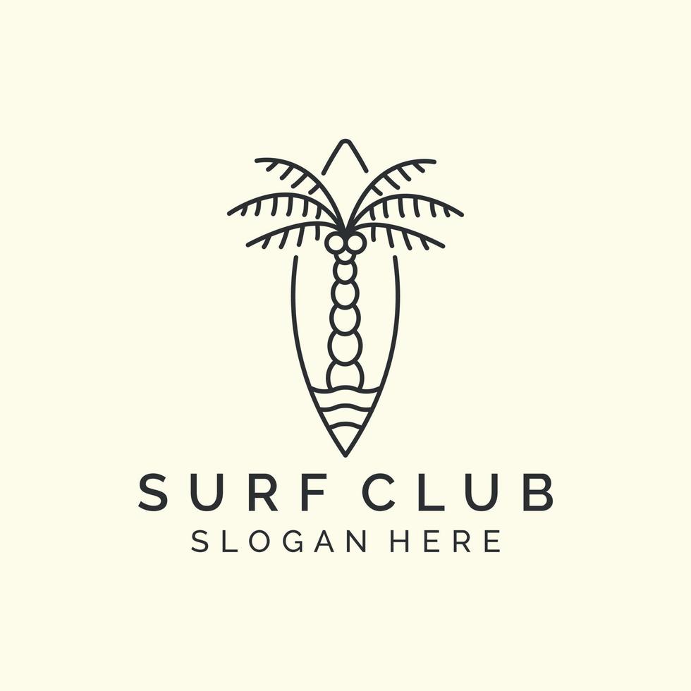 club de surf con emblema y diseño de plantilla de icono de logotipo de estilo de arte de línea. palmera, ola, ilustración de vector de playa