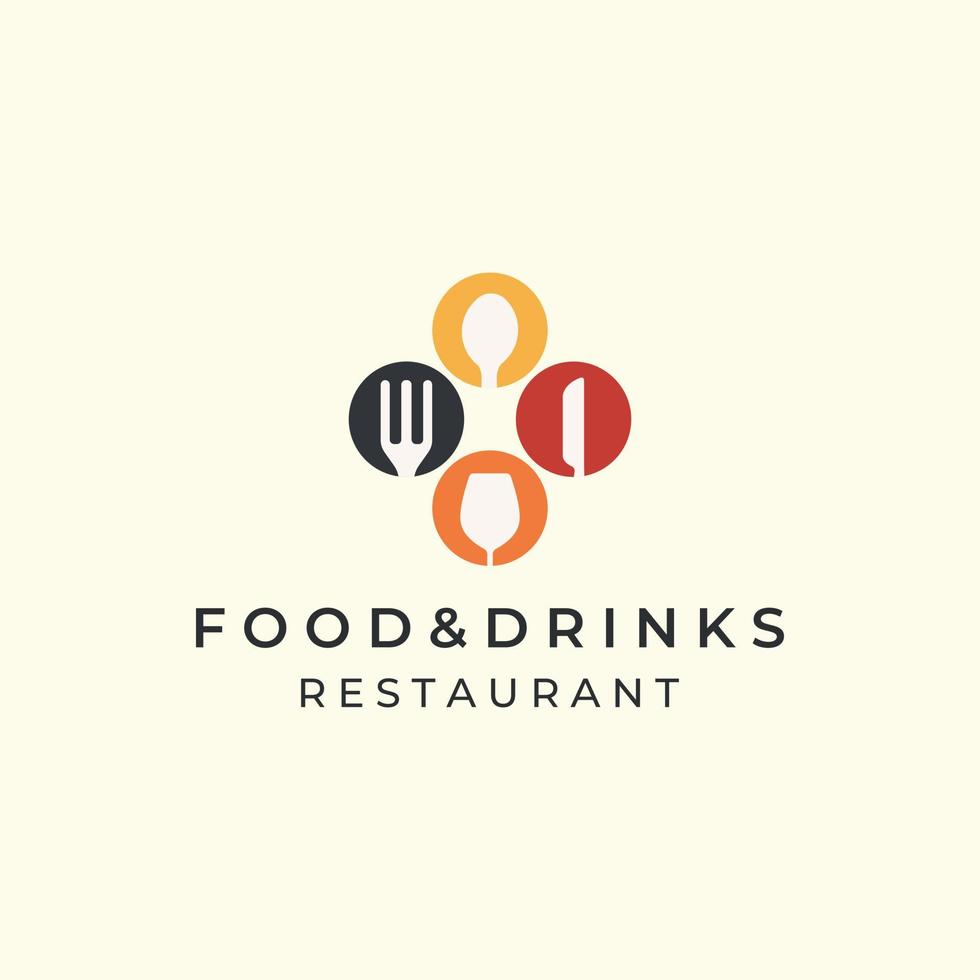 comida y bebida con color plano y diseño de plantilla de icono de logotipo de estilo emblema. restaurante, panadería, cuchara, tenedor, cuchillo, ilustración de vectores de vidrio