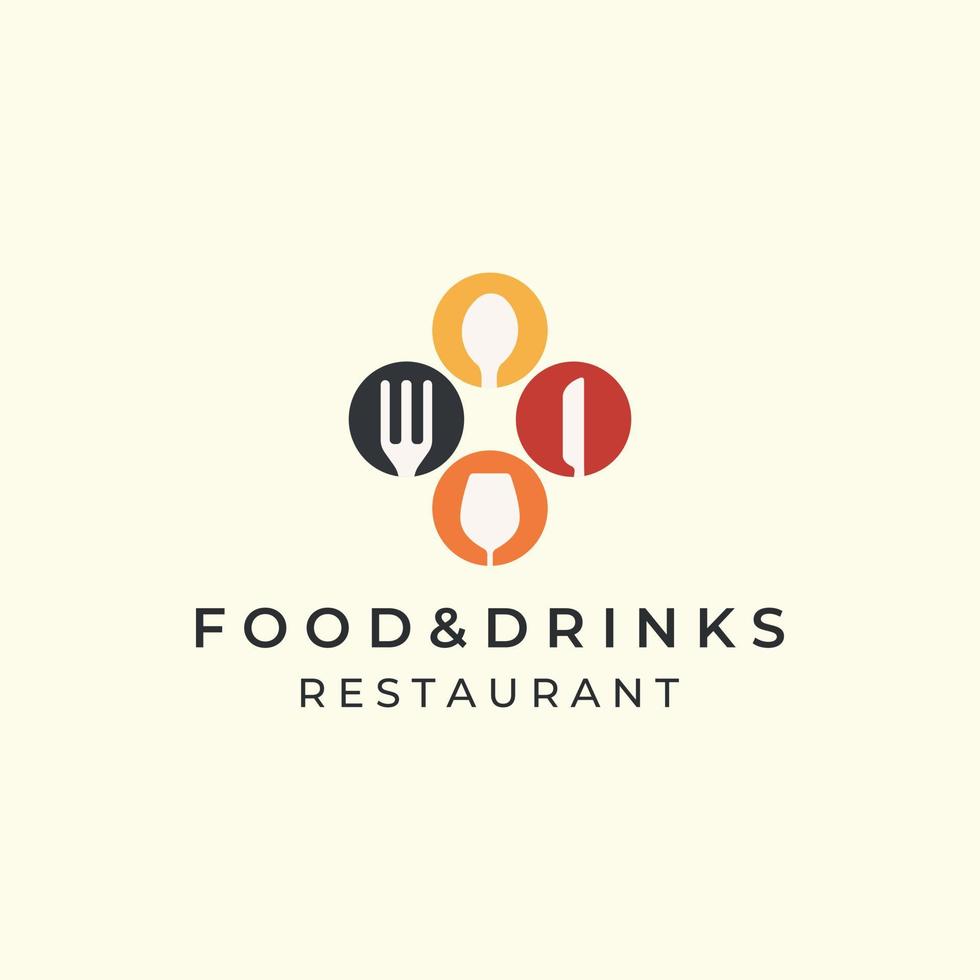 food and drink with flat color and emblem style logo icon template design. restaurant, bakery, spoon, fork, knife, glass vector illustration