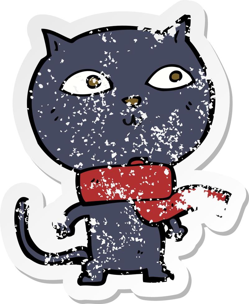 retro distressed sticker of a cartoon black cat wearing scarf vector