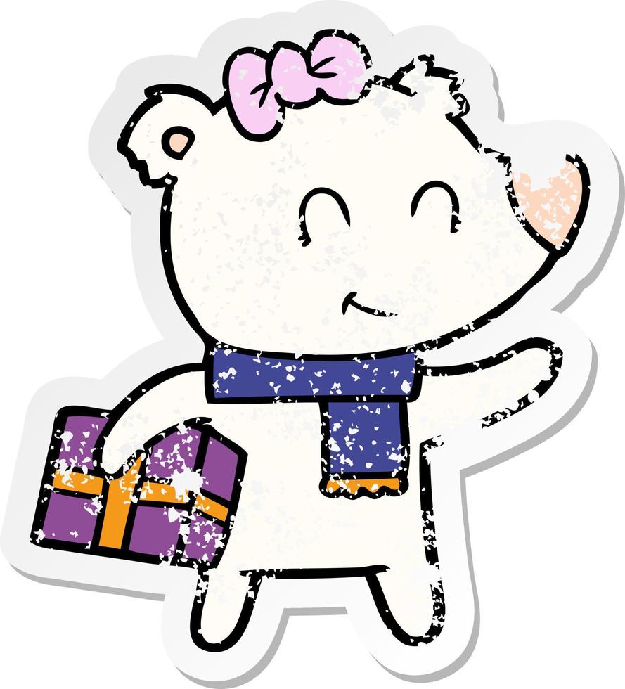 distressed sticker of a female polar bear with christmas present vector
