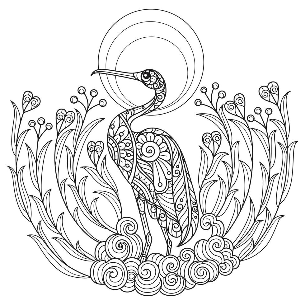 Crane and moon hand drawn for adult coloring book vector