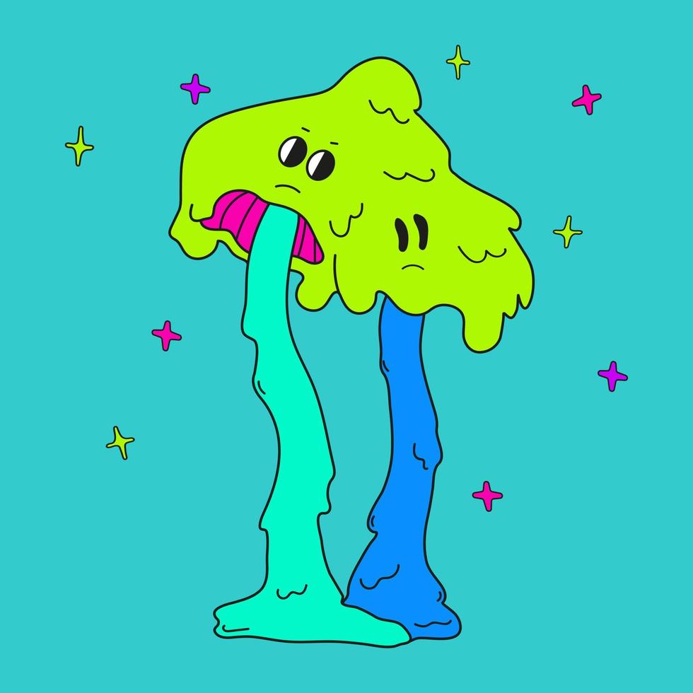 Two psychedelic acid leaked mushrooms with face on green background. vector
