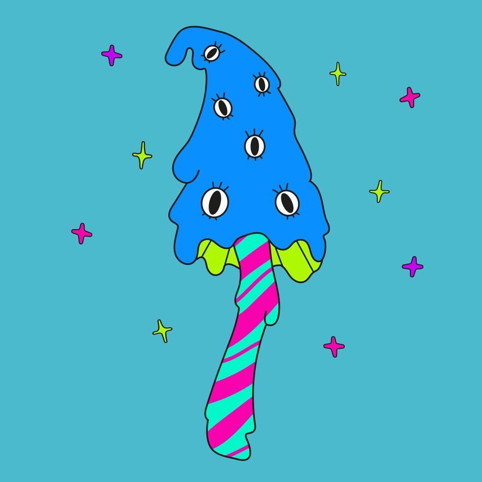 Psychedelic acid leaked mushroom with eyes on blue background. vector
