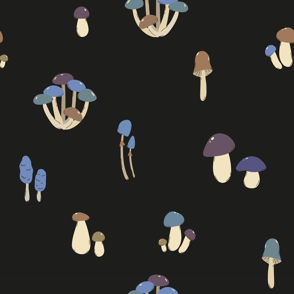 Seamless pattern of different mushrooms on a black background in extraordinary palette. For textile, for kids fabric and wrapping paper, background. vector