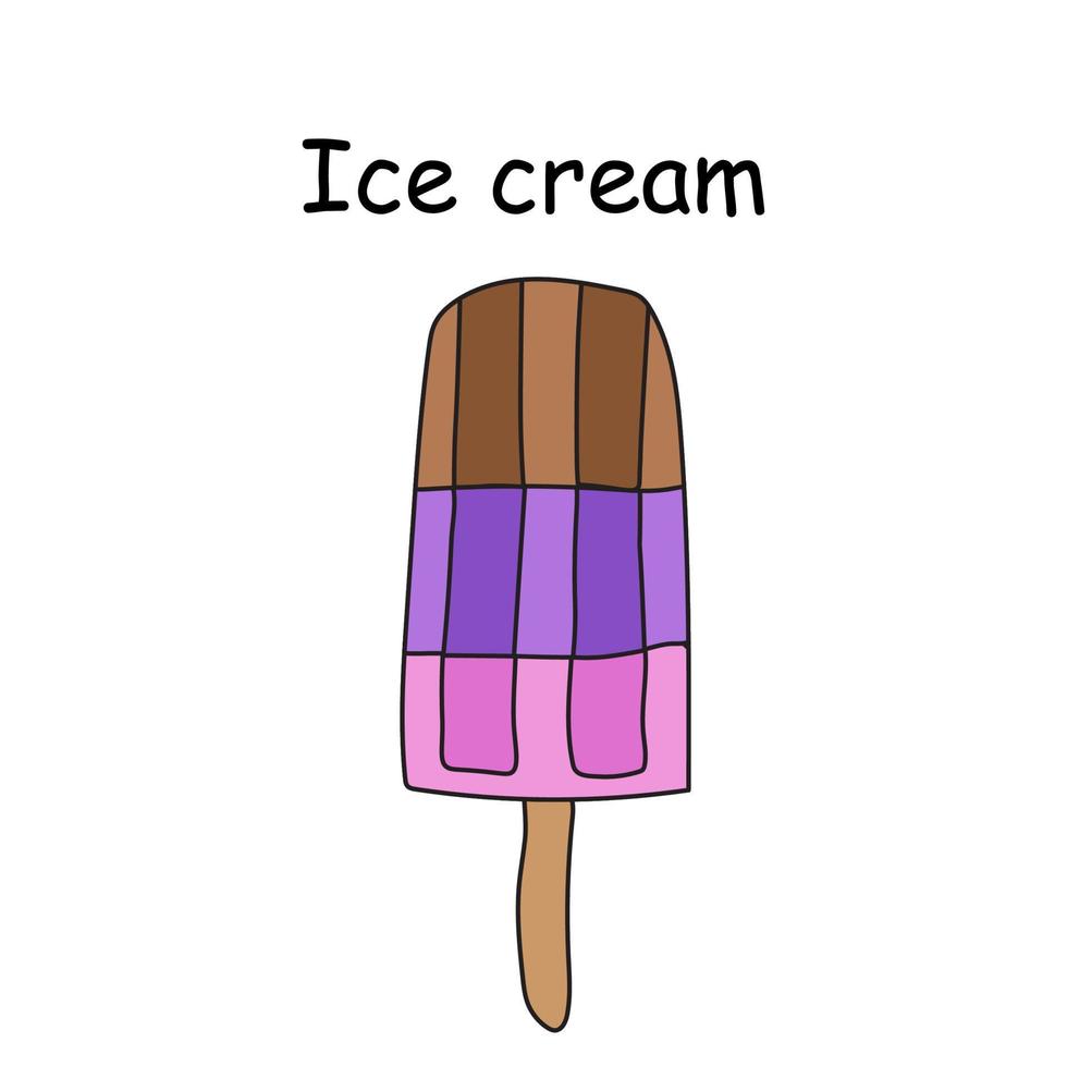 Pink, purple ice cream on a stick poured with chocolate, frozen ice, ice cream vector doodle illustration
