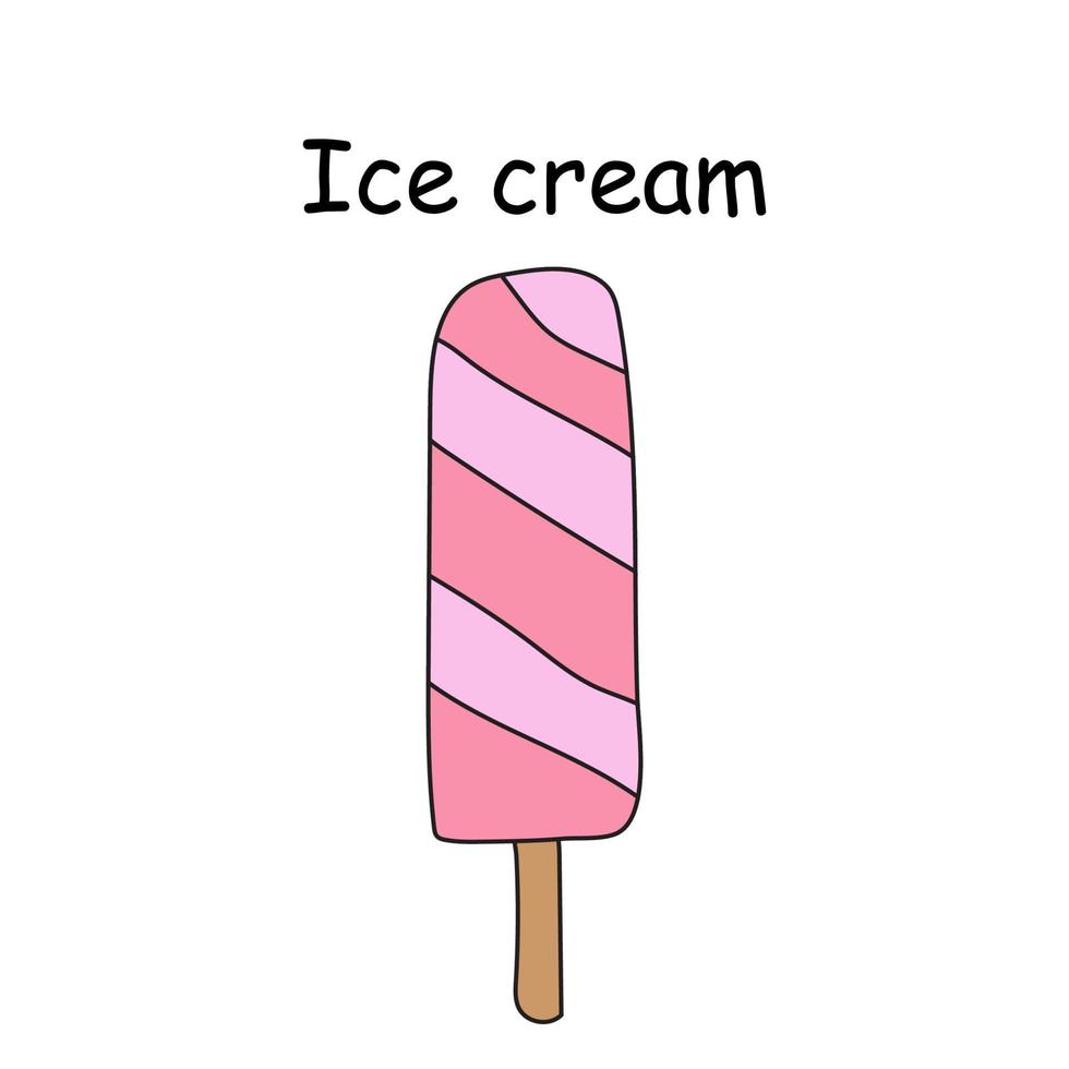 Pink ice cream on a stick, frozen ice, ice cream vector doodle illustration