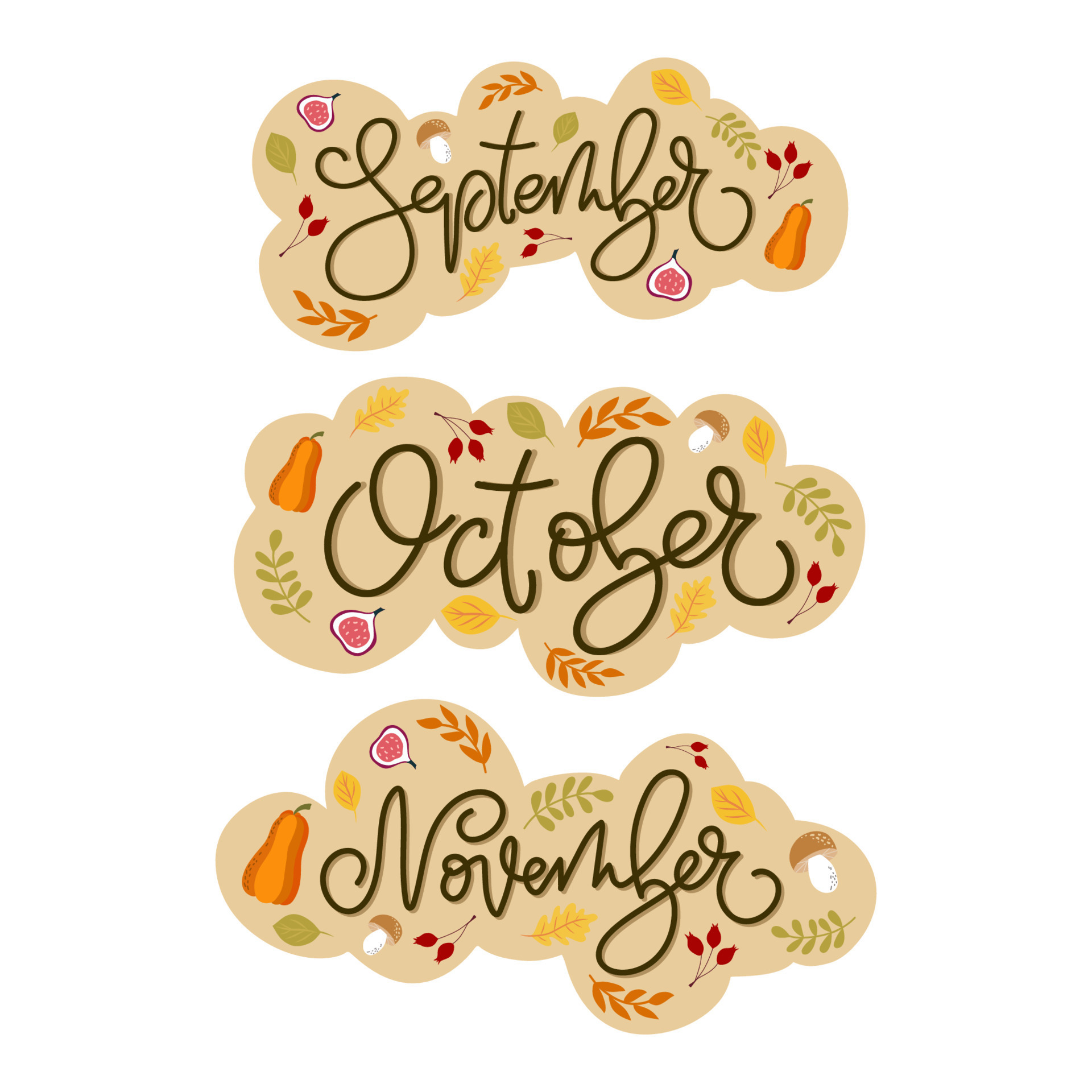 Handwritten calligraphy of autumn months surrounded by colourful