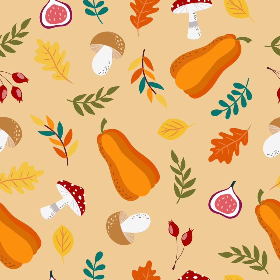 Seamless autumn pattern with mushrooms, pumpkins, fig and leaves on a warm beige background. vector
