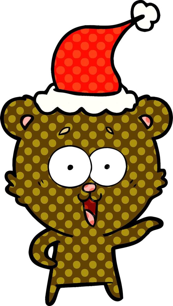 Ilustración de estilo de cómic de oso de peluche riéndose de un sombrero de santa que lleva puesto vector