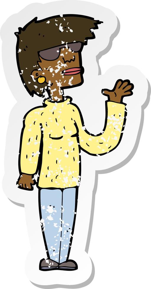 retro distressed sticker of a cartoon woman wearing spectacles vector
