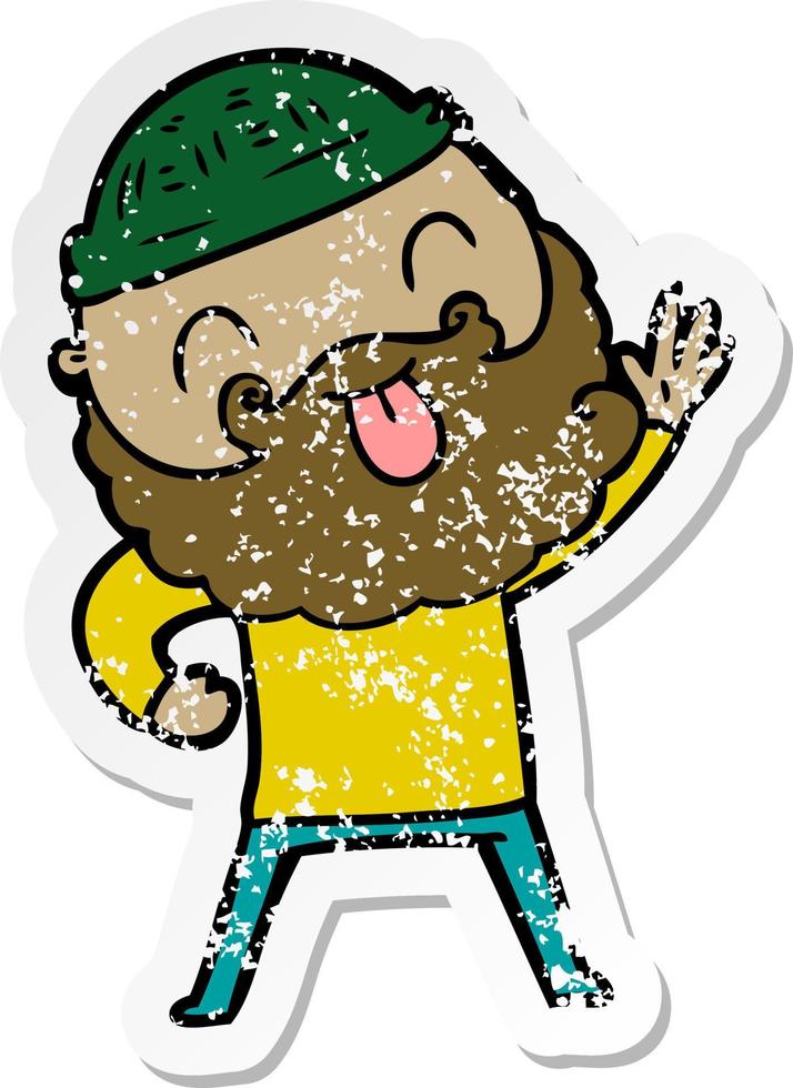 distressed sticker of a man with beard sticking out tongue vector