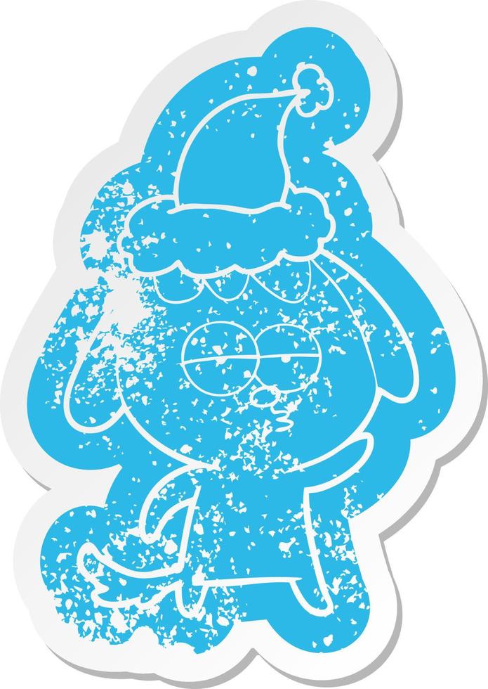 cartoon distressed sticker of a bored dog wearing santa hat vector