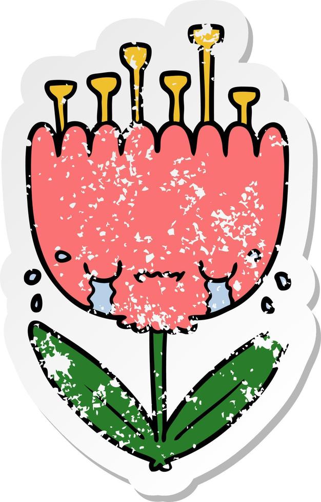 distressed sticker of a crying cartoon flower vector