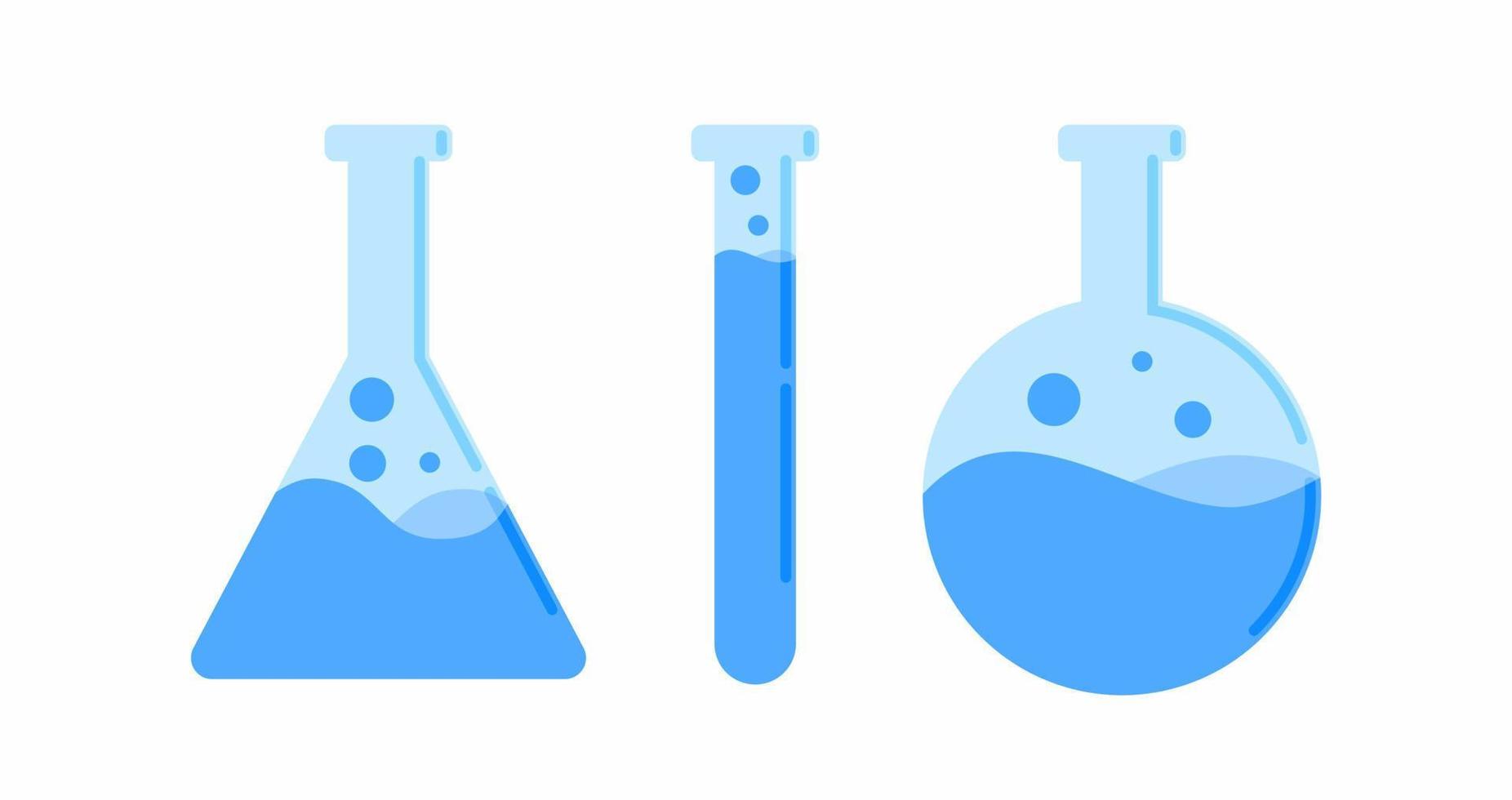 laboratorio cristalería ilustración vector plano icono borosilicato química vidrio cónico redondo matraz y tubo de ensayo