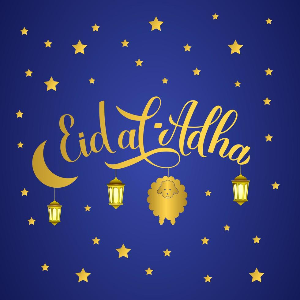 Eid al-Adha gold lettering lanterns on night sky background. Kurban Bayrami Muslim holiday typography poster. Islamic traditional festival. Vector template for banner, greeting card, flyer, t .