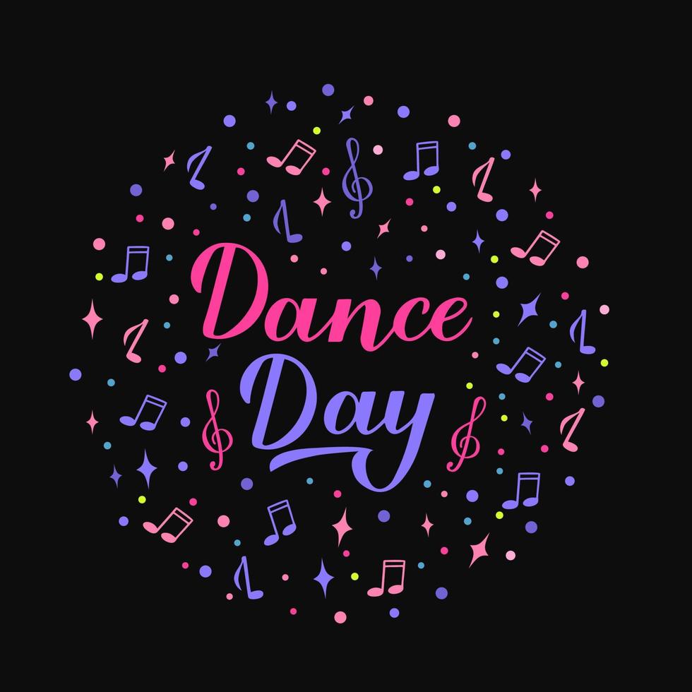 International Dance Day calligraphy hand lettering on black background. Easy to edit vector template for typography poster, logo design, banner, party invitation, postcard, sticker, flyer, etc.