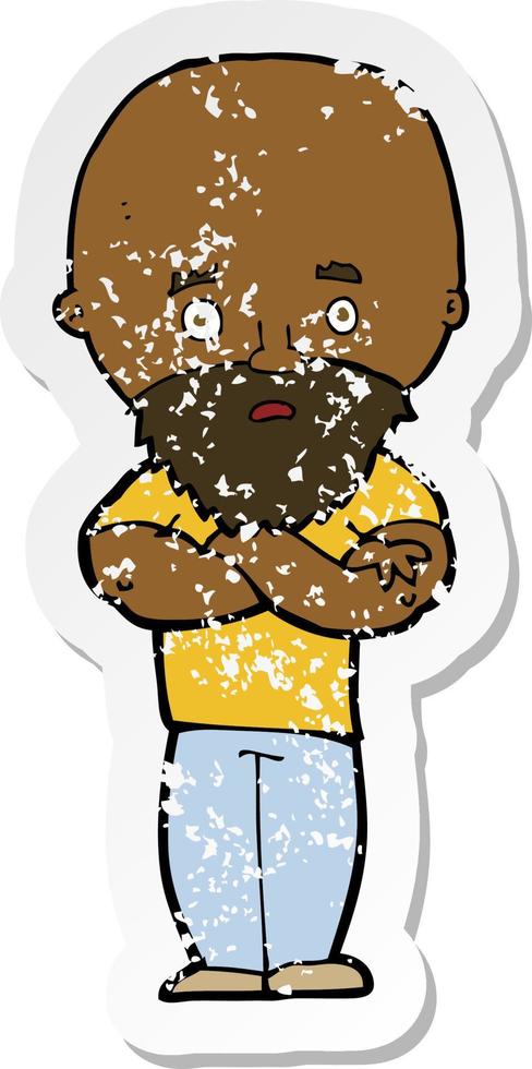 retro distressed sticker of a cartoon shocked bald man with beard vector