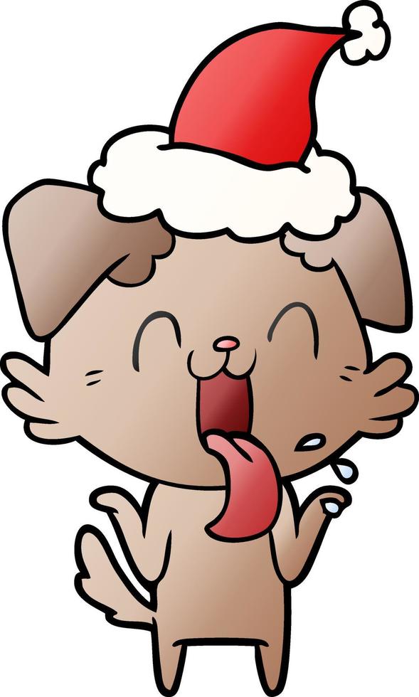 gradient cartoon of a panting dog shrugging shoulders wearing santa hat vector