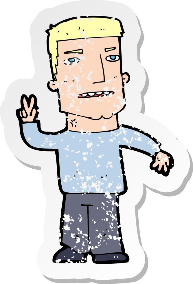 retro distressed sticker of a cartoon man giving peace sign vector