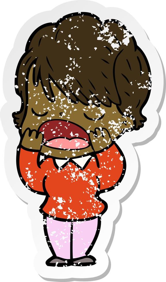 distressed sticker of a cartoon woman talking vector