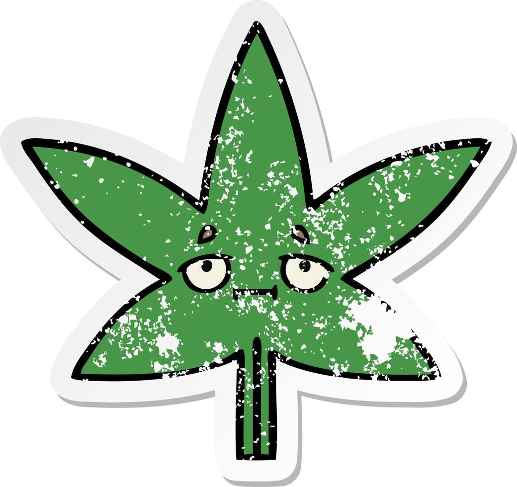 distressed sticker of a cute cartoon marijuana leaf vector