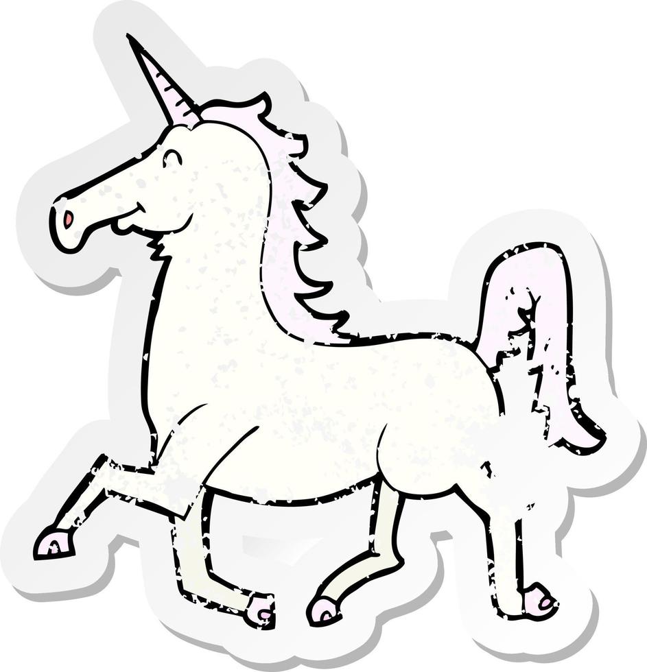 pegatina retro angustiada de un unicornio de dibujos animados vector