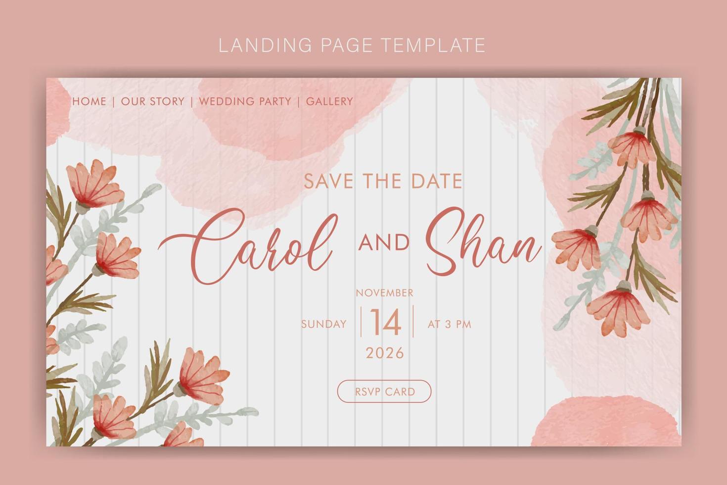watercolor flower wedding invitation landing page template vector