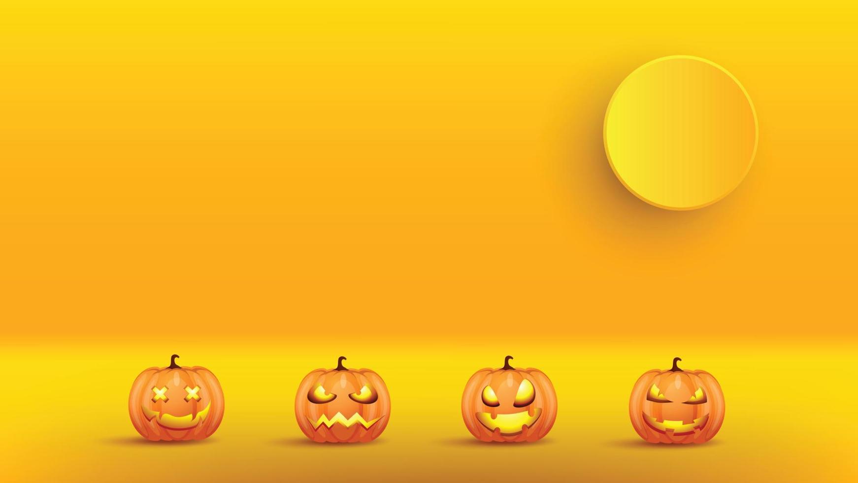 Set of pumpkin for holiday Halloween. Realistic 3d orange pumpkins with cut scary good joy smile and full moon on top. Collection of 3d objects. Design elements isolated on orange background. Vector