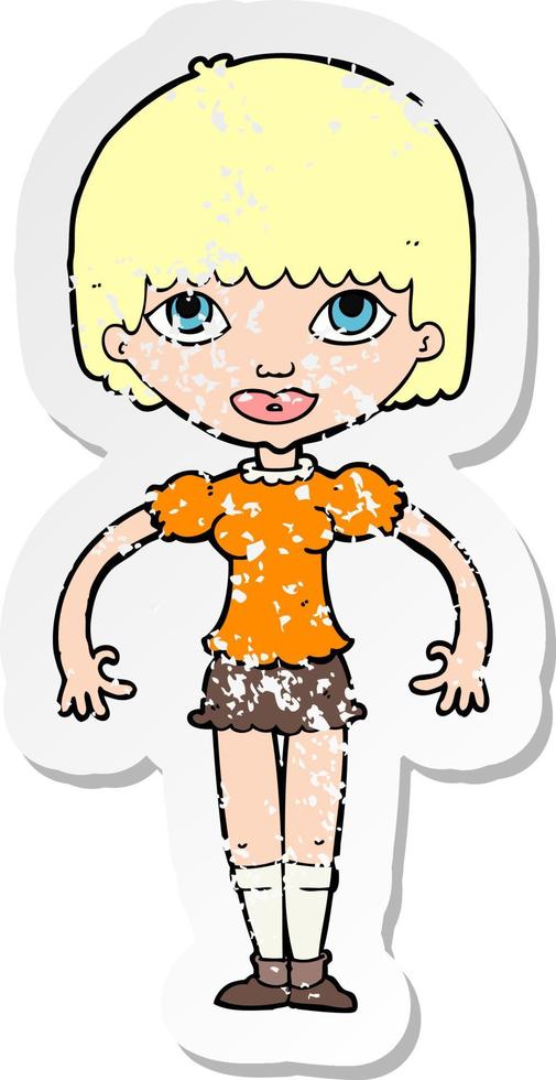 pegatina retro angustiada de una chica de dibujos animados vector