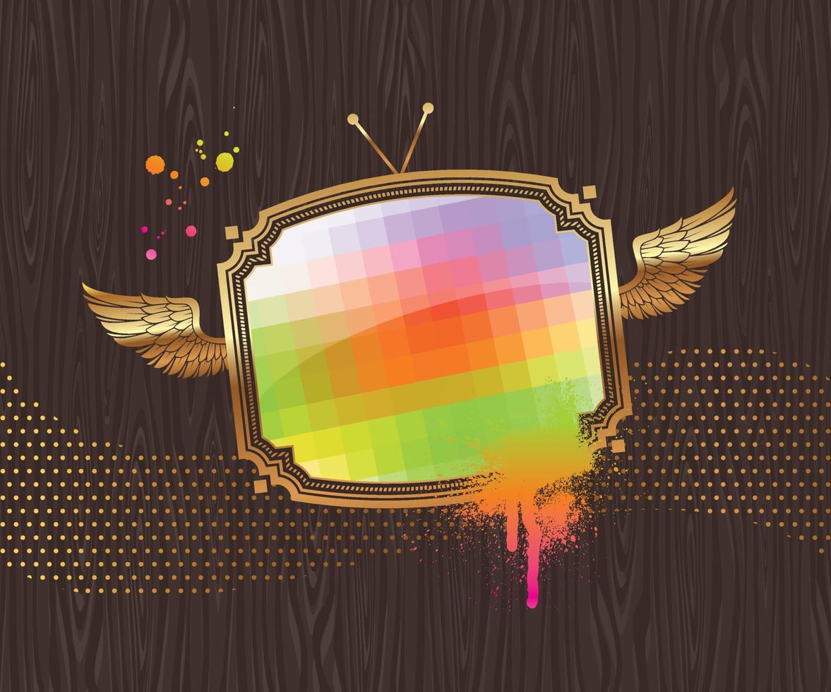 pantalla de televisión multicolor en un marco alado dorado vintage sobre un fondo de madera oscura vector