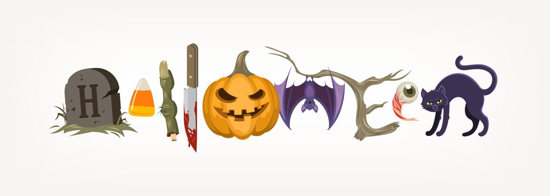 saludo festivo de halloween compilado a partir de objetos o símbolos de halloween. ilustración vectorial vector