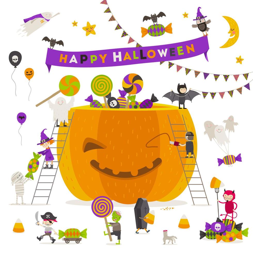 Halloween vector illustration. Group of active halloween characters around a giant pumpkin.