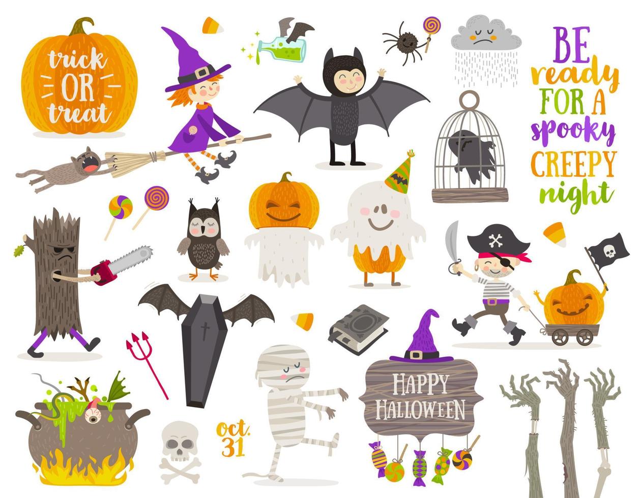 Set of halloween sign, symbol, objects, items and cartoon characters. Vector illustration.