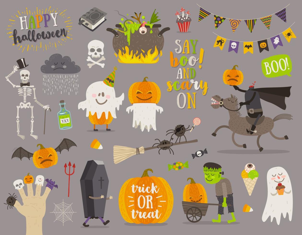 Set of halloween sign, symbol, objects, items and cartoon characters. Vector illustration.