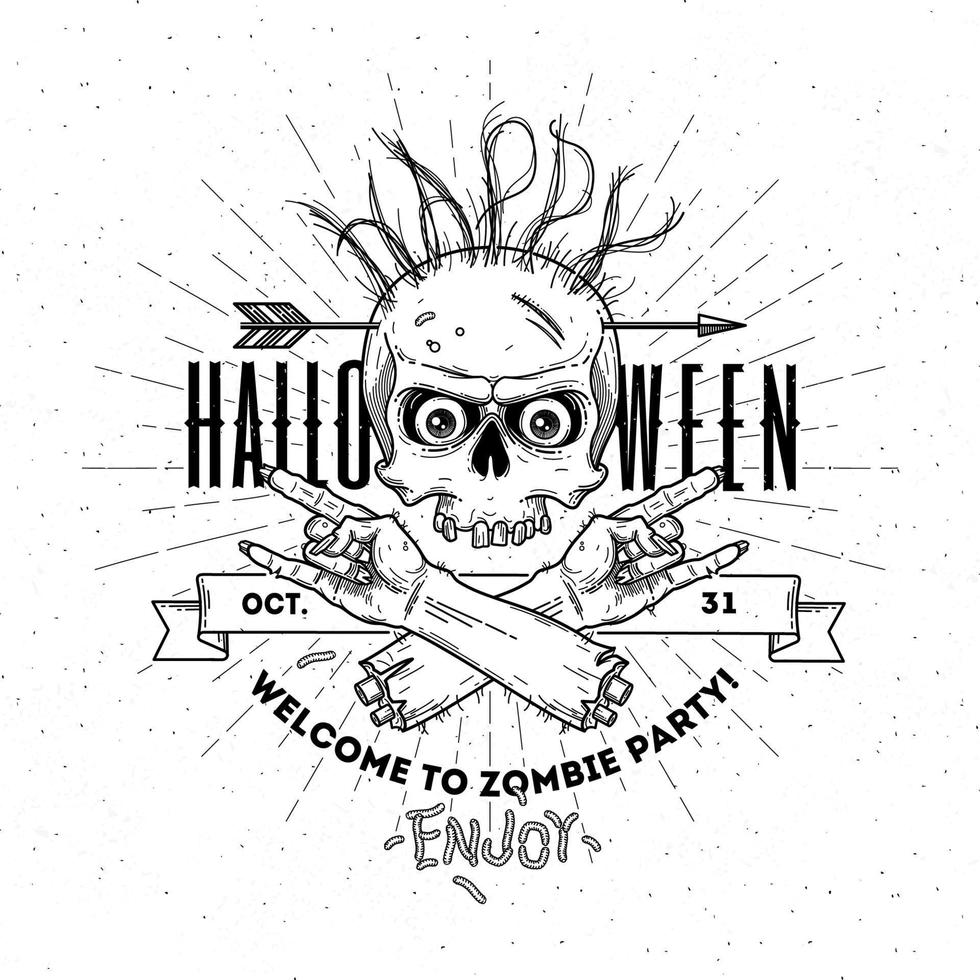 Halloween poster with zombie head and hand - line art vector illustration