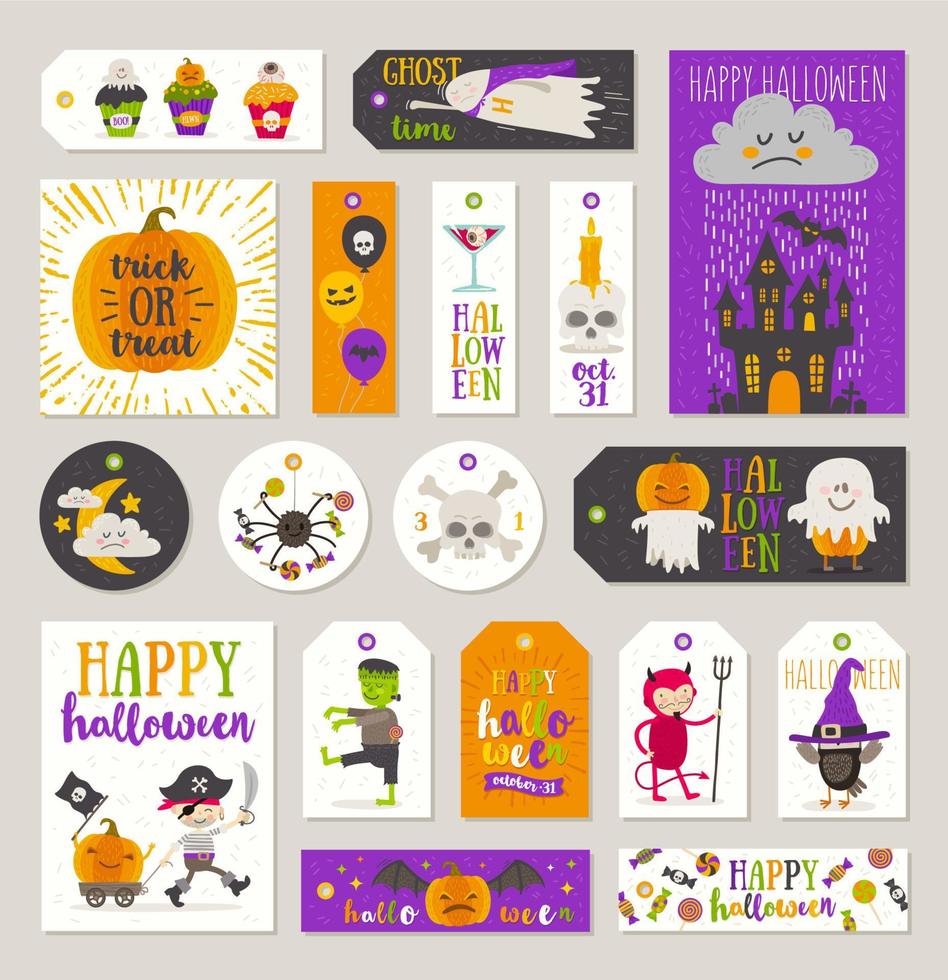 Set of Halloween gift tags and labels with cartoon characters, greetings, holiday sign and symbol. Vector illustration.