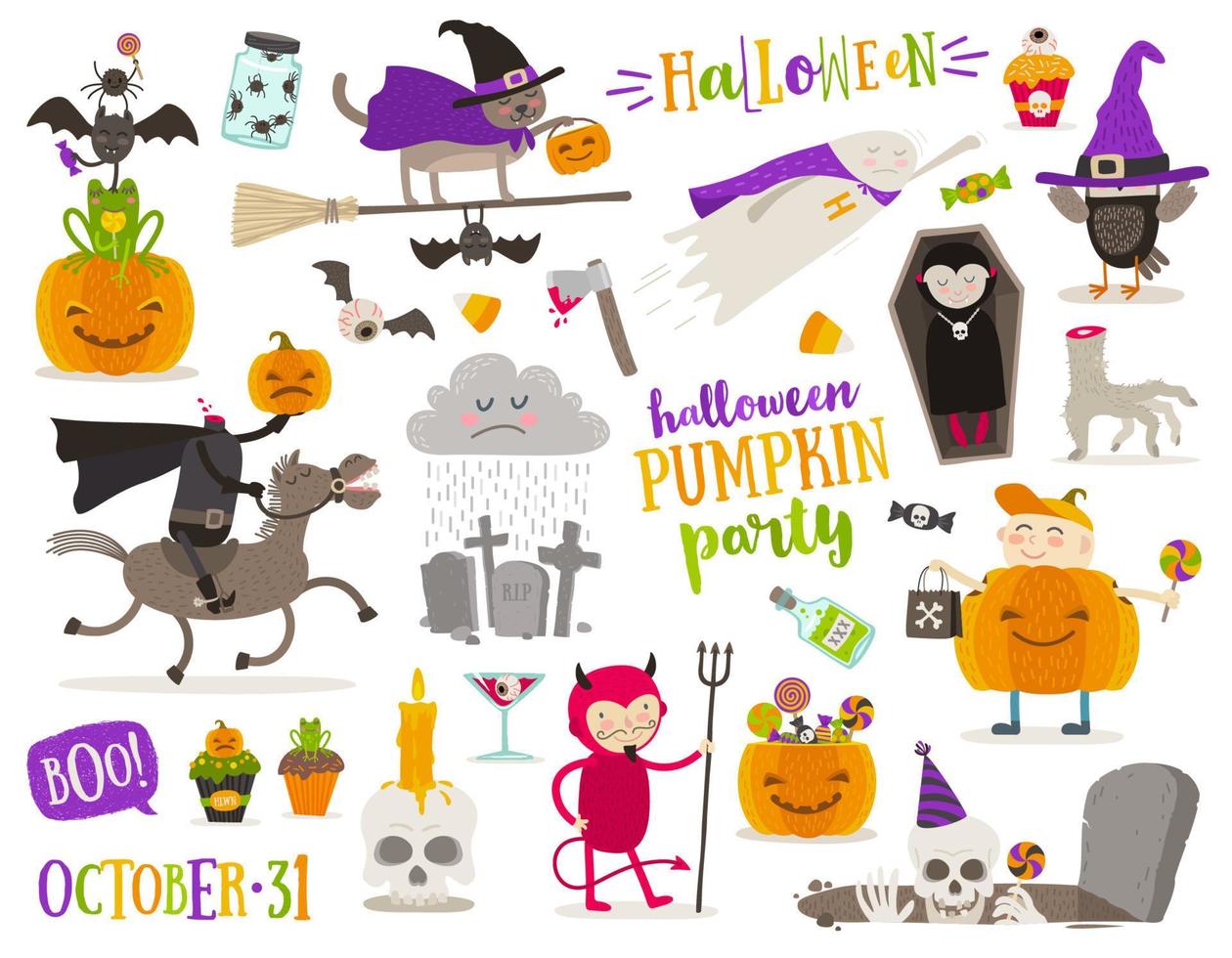 conjunto de signos, símbolos, objetos, artículos y personajes de dibujos animados de halloween. ilustración vectorial vector