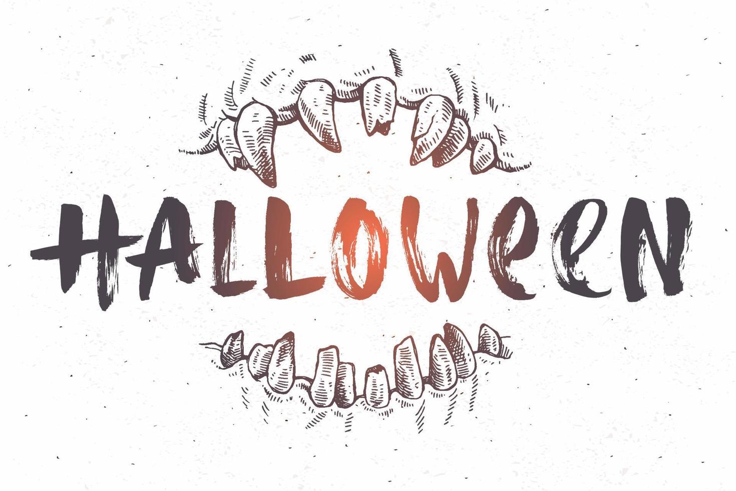 Halloween vector hand drawn illustration. Jaws of a monster and Greeting written by a brush