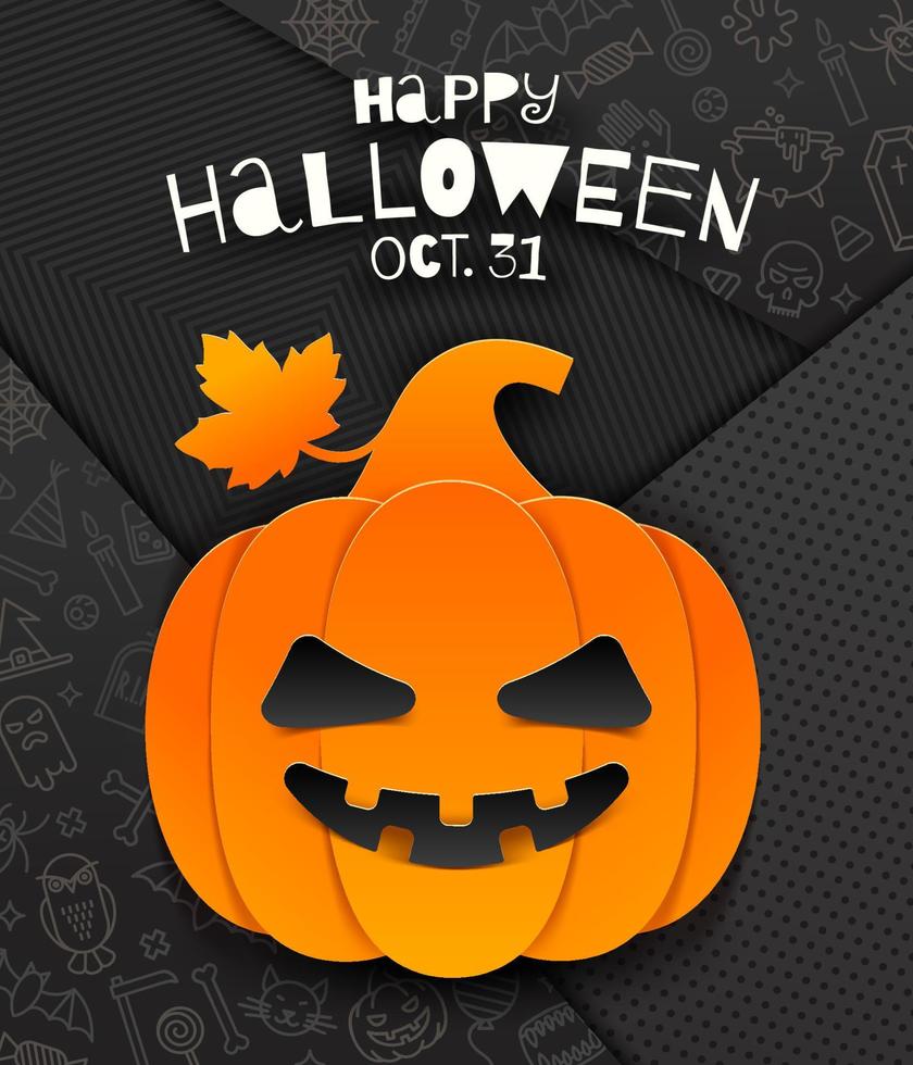 Jack-o-lantern pumpkin cutout from paper on a background with linear halloween signs and symbols. Vector illustration,