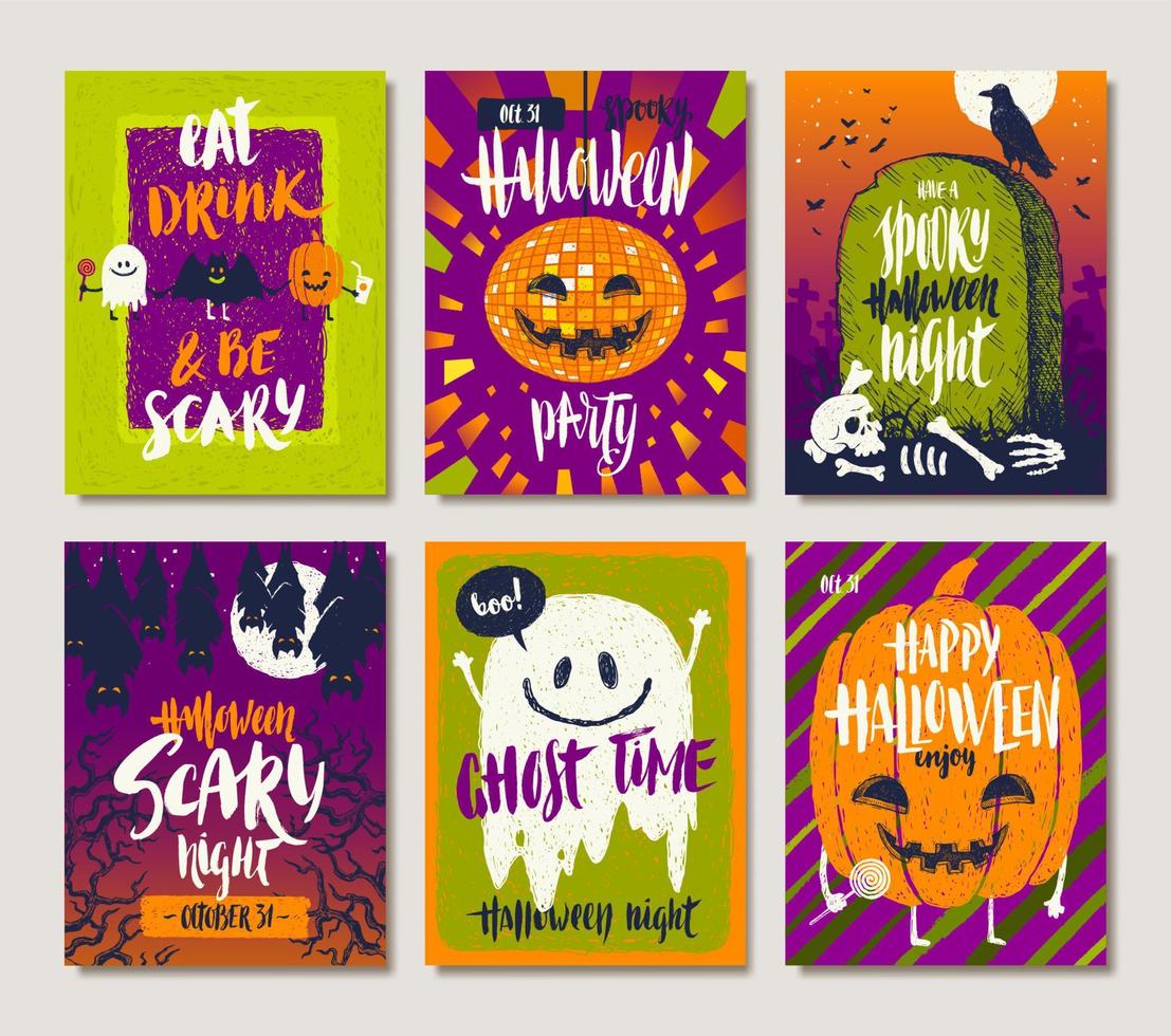 Vector illustration. Set of Halloween holidays hand drawn posters or greeting card with handwritten calligraphy quotes, words and phrases.