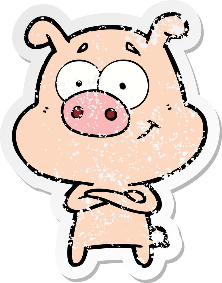 distressed sticker of a happy cartoon pig vector