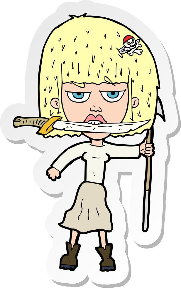 sticker of a cartoon woman with knife and harpoon vector