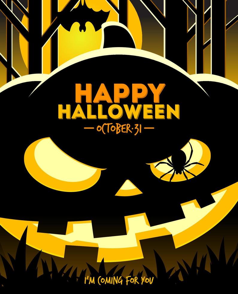 Halloween vector illustration - jack-o-lantern smiling pumpkin in the night forest