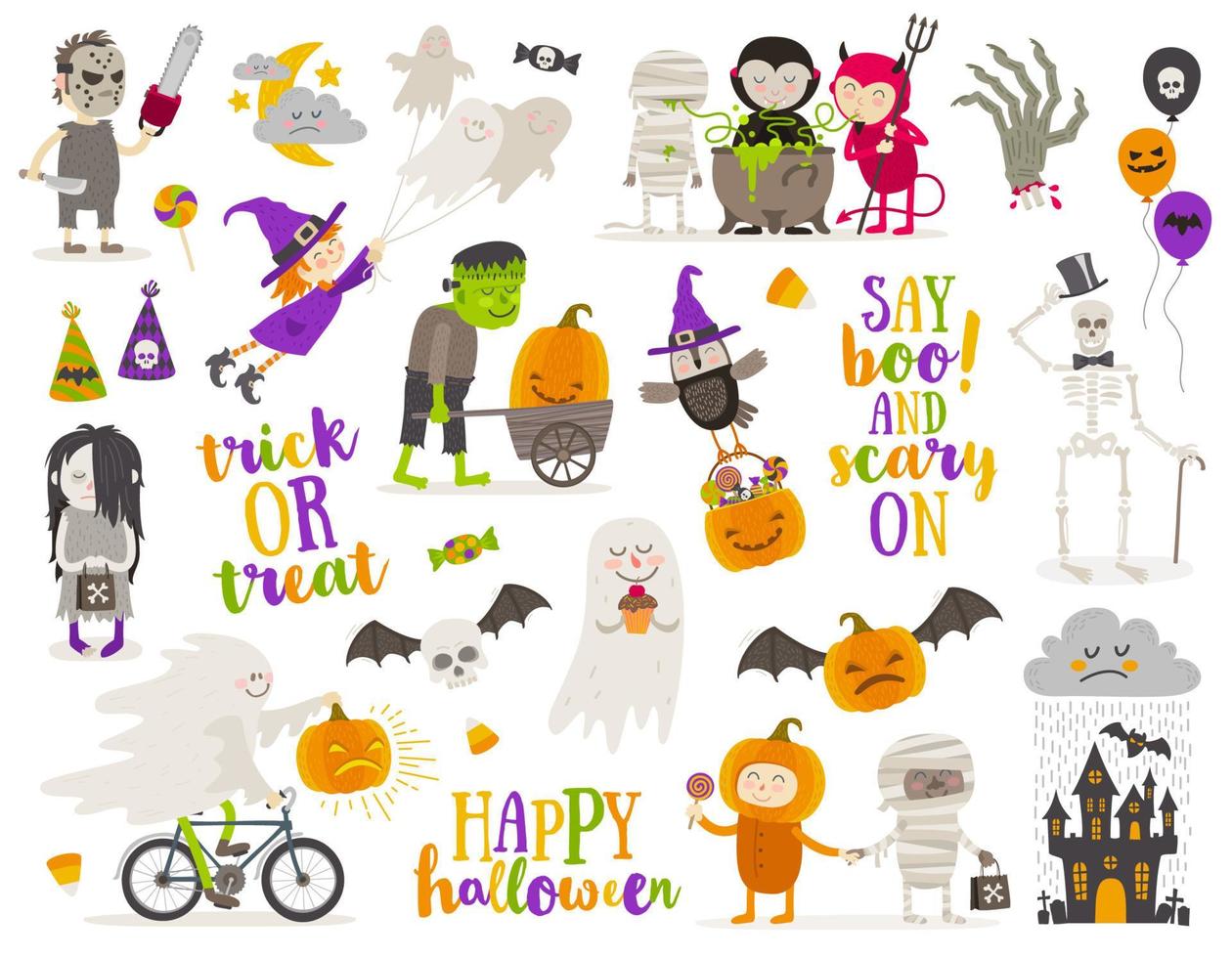 conjunto de signos, símbolos, objetos, artículos y personajes de dibujos animados de halloween. ilustración vectorial vector