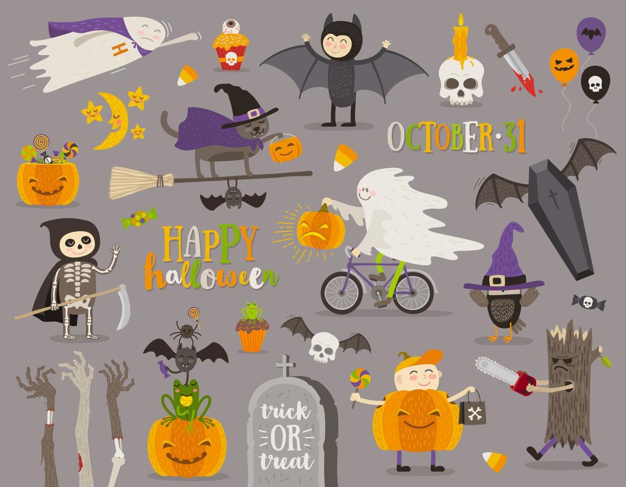 Set of halloween sign, symbol, objects, items and cartoon characters. Vector illustration.